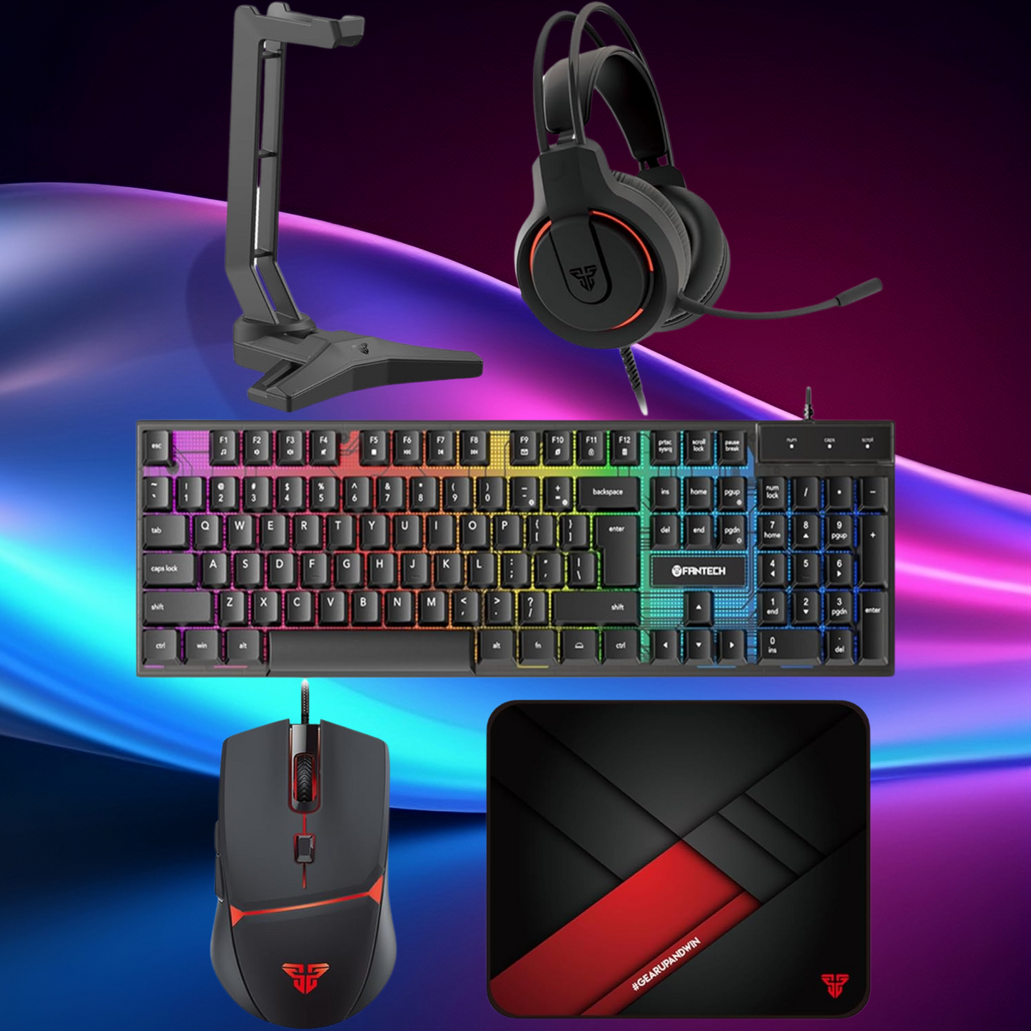 (Black or White) FANTECH 5-in-1: Keyboard, Mouse, Headset, Mouse Pad, & Headset Stand RGB Set