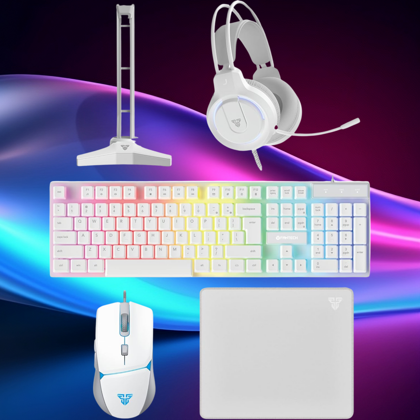 (Black or White) FANTECH 5-in-1: Keyboard, Mouse, Headset, Mouse Pad, & Headset Stand RGB Set