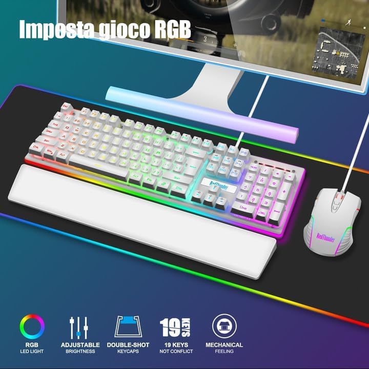 (Black or White) RedThunder K10 Wired Gaming Keyboard and Mouse and Wrist Rest Combo