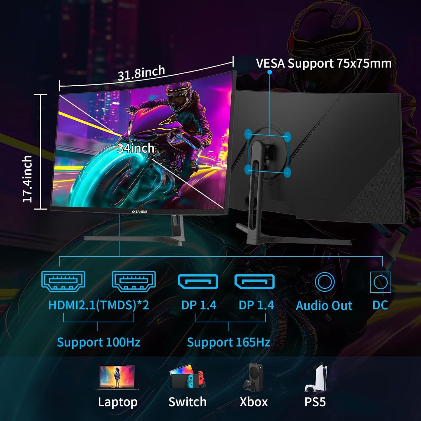 SANSUI 34 Inch UltraWide(3440x1440) 165Hz 1ms VA Curved Gaming Monitor