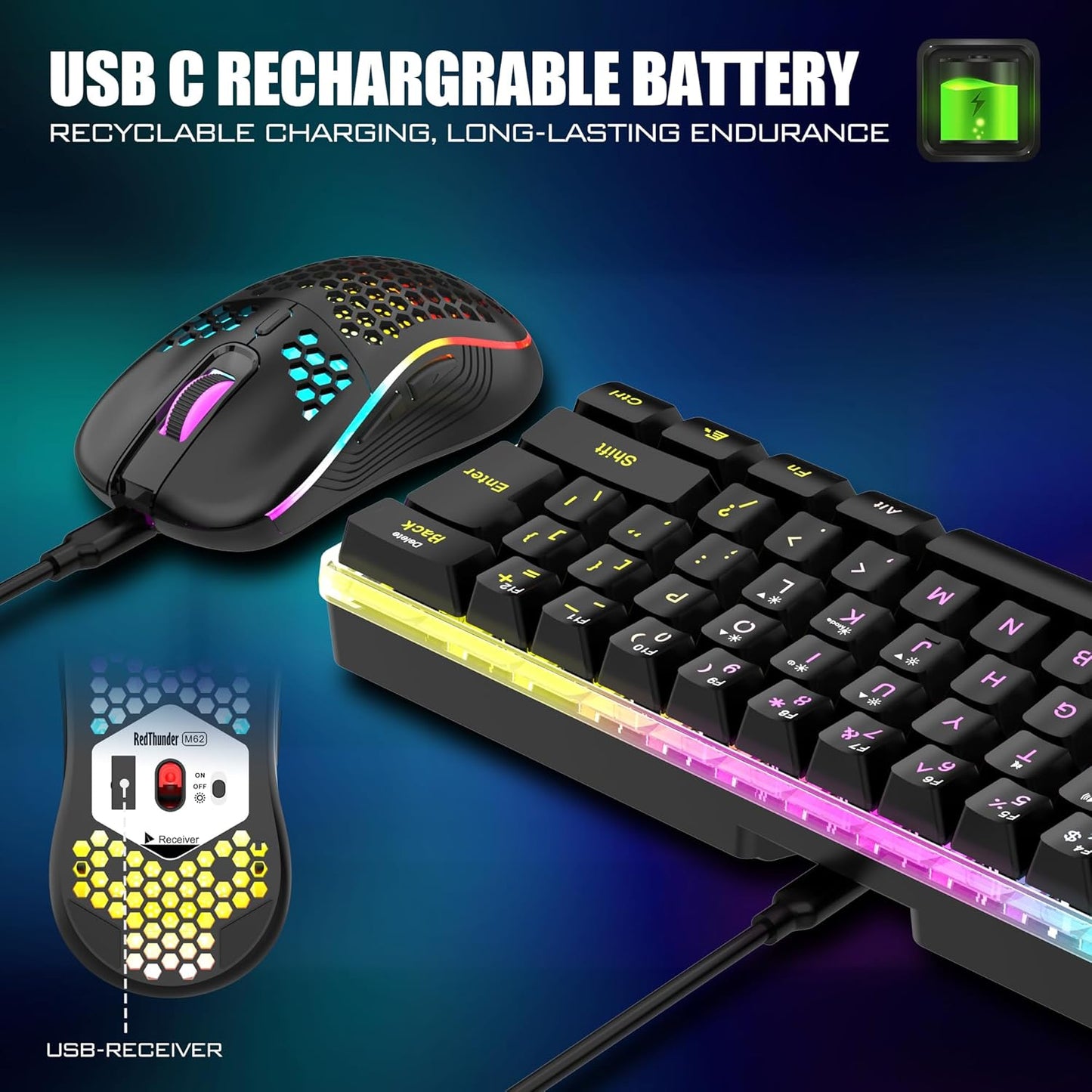 (Black or White) RedThunder 60% Wireless Gaming Keyboard and Mouse Combo