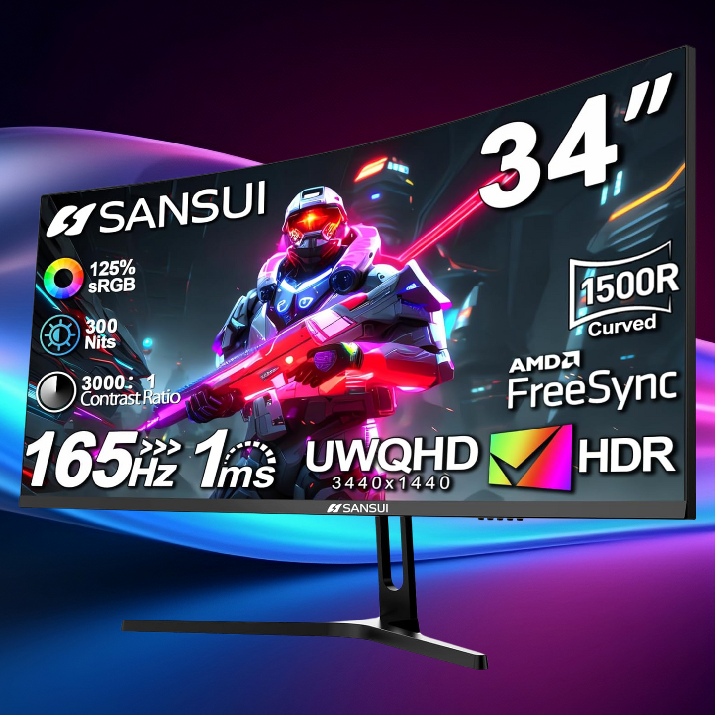 SANSUI 34 Inch UltraWide(3440x1440) 165Hz 1ms VA Curved Gaming Monitor