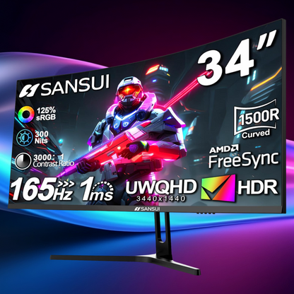 SANSUI 34 Inch UltraWide(3440x1440) 165Hz 1ms VA Curved Gaming Monitor